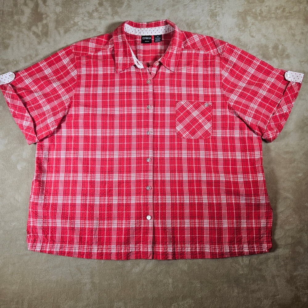 Erika Woman Red White Plaid Seersucker Button Down‎ Shirt Plus Size 4X Cotton